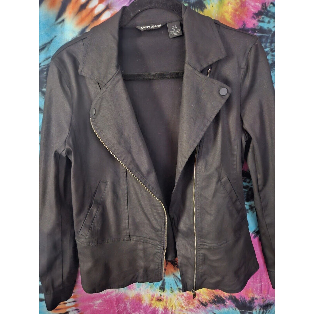 DKNY Jeans Black Moto Zip Jacket Stretch Cotton Full Zip Biker Jacket Size Small