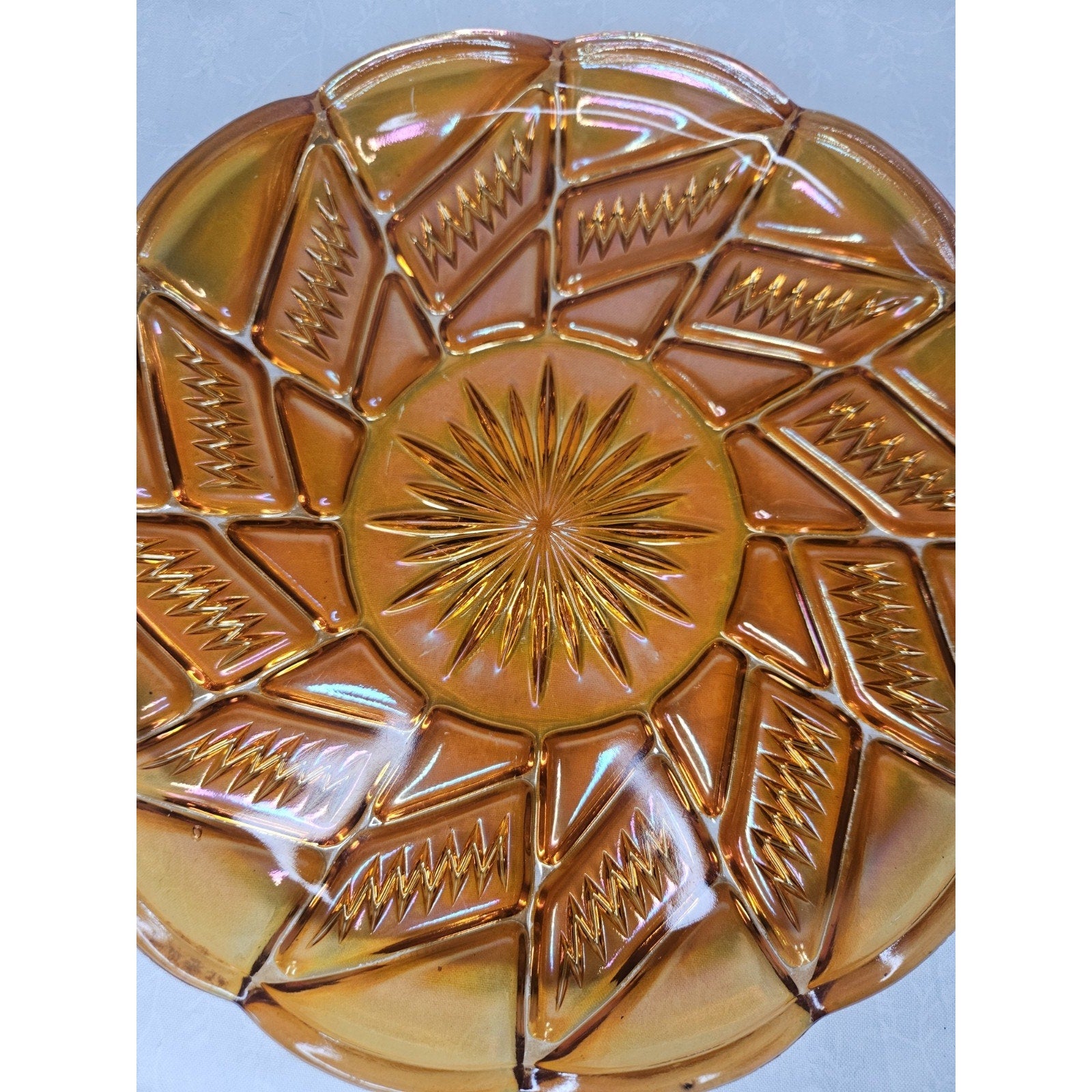Antique Zipper Stitch Marigold Carnival Glass Plate 9"