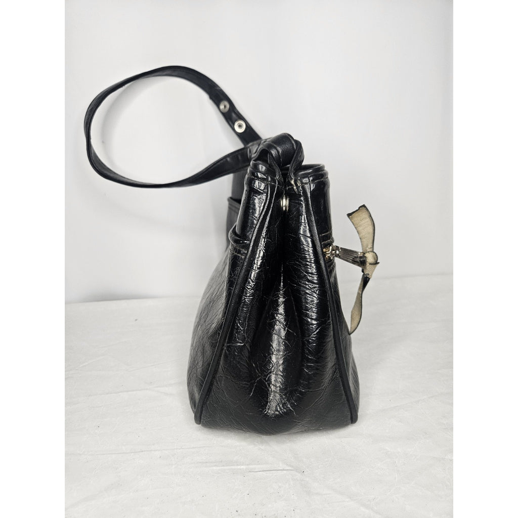 Vintage 70s Handmade Black Leather Tote Handbag Purse Shoulder Bag