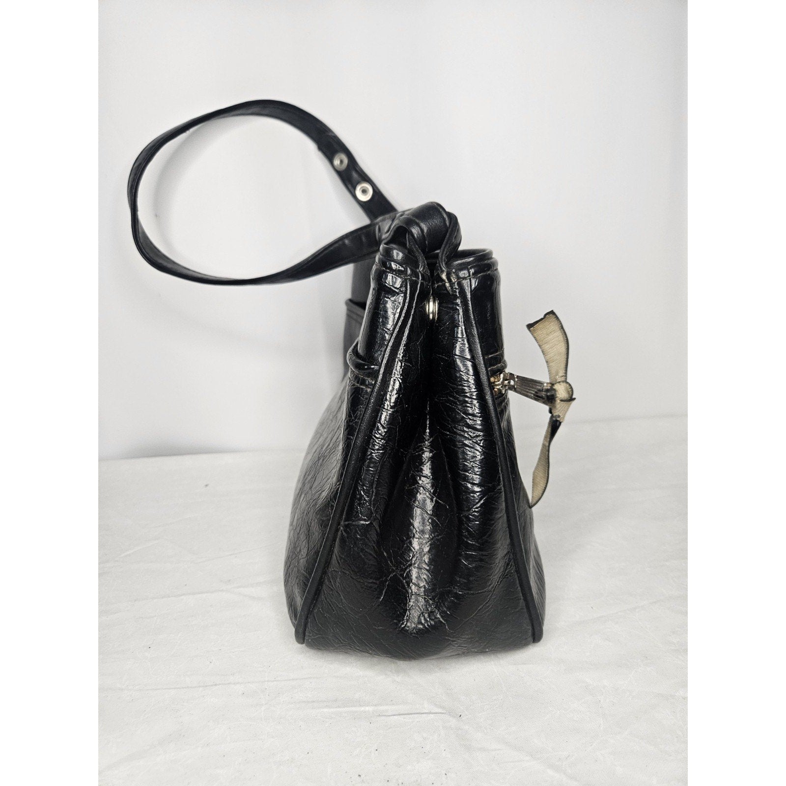 Vintage 70s Handmade Black Leather Tote Handbag Purse Shoulder Bag