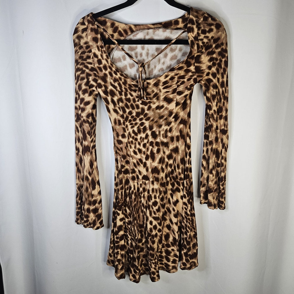 Princess Polly Halo Bias Cut Leopard Print Long Sleeve Mini Dress US 4 Small