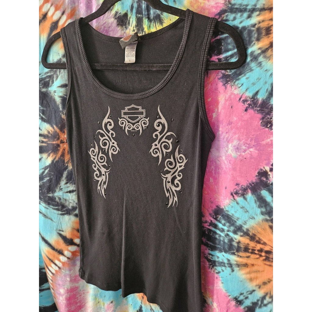 Harley Davidson Black Rhinestone Graphic Ribbed Tank Large Biker Y2K Motorcycle