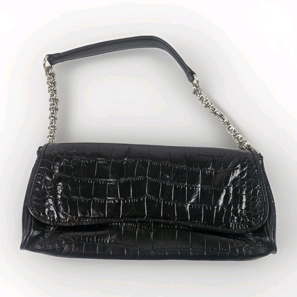 Anne Klein Black Faux Croco Embossed Leather Flap Chain Strap Purse Shoulder Bag