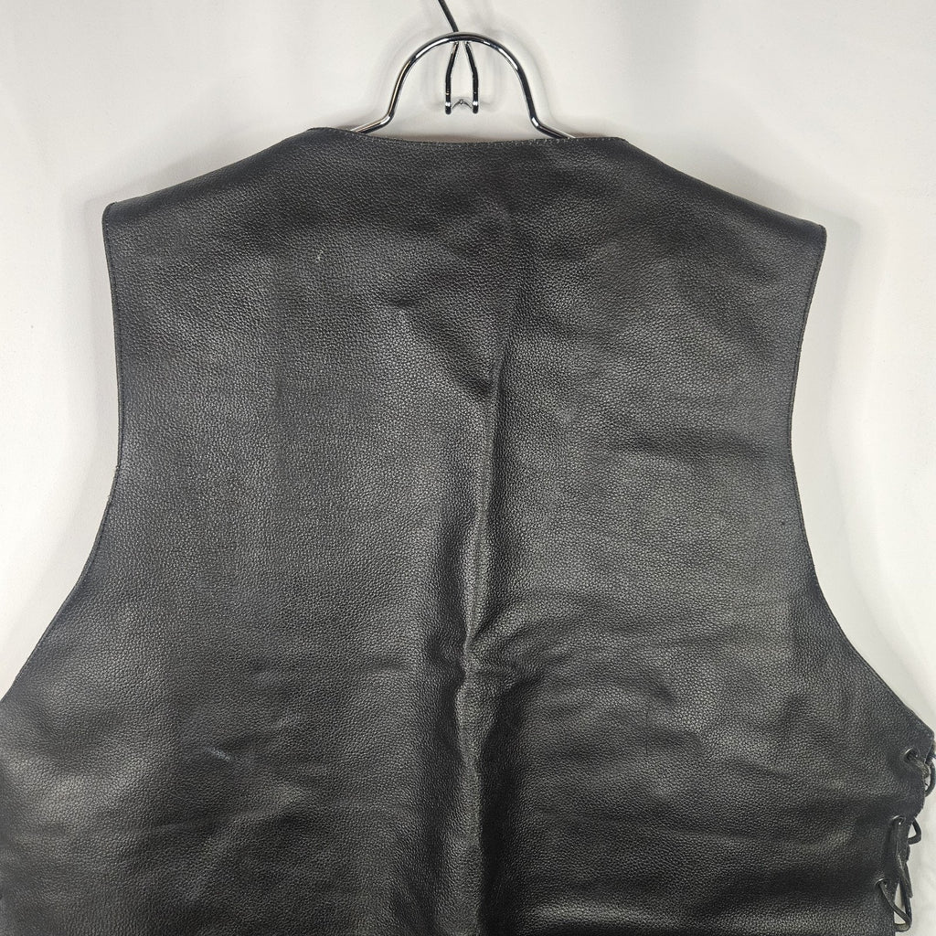 Jafrum Motorcycle Biker Black Leather Vest Side Laces Mens XL Inner Zip Pockets