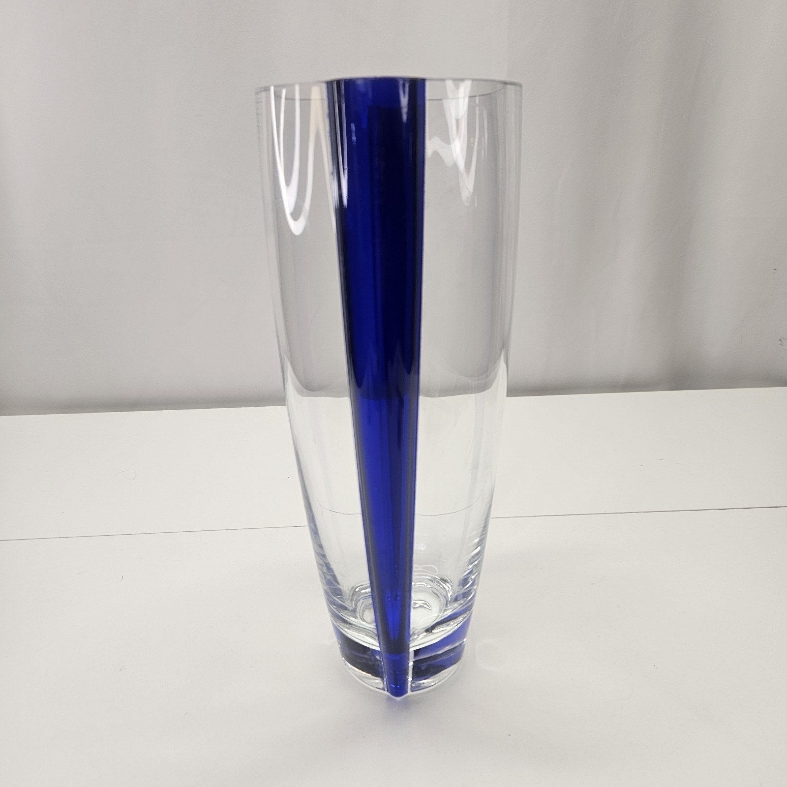 Vtg Glass Art Vase Flower Vase 12” Clear Cobalt Blue Stripe Heavy Crystal