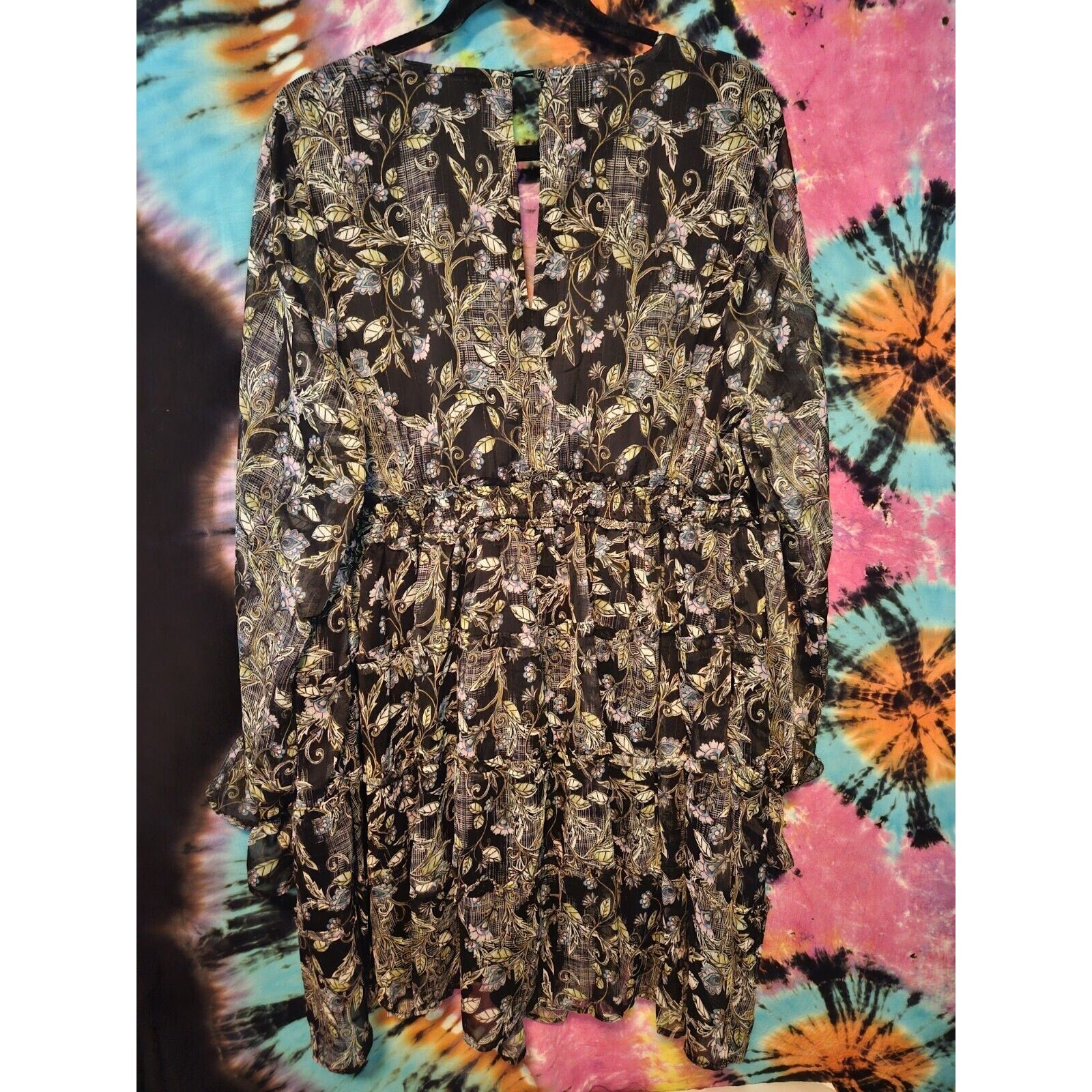 Torrid Mini Chiffon Tiered Dress Black Floral w/Gold Threads Sz 0 Lg 14 Pockets