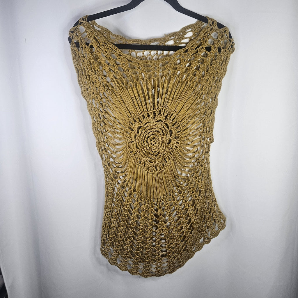 Unbranded Crochet Flower Top Womens XS/S Cotton Open Knit Gold Boho Festival