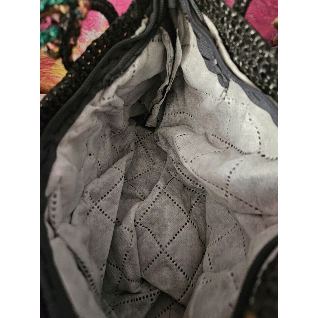 Unique Acrylic Floral Raffia Handbag Black With Colorful Flower Accents