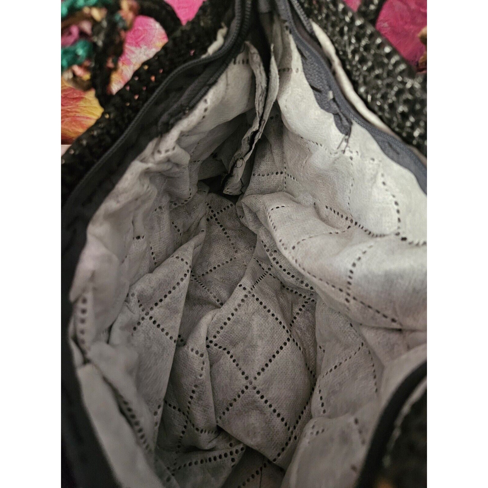 Unique Acrylic Floral Raffia Handbag Black With Colorful Flower Accents