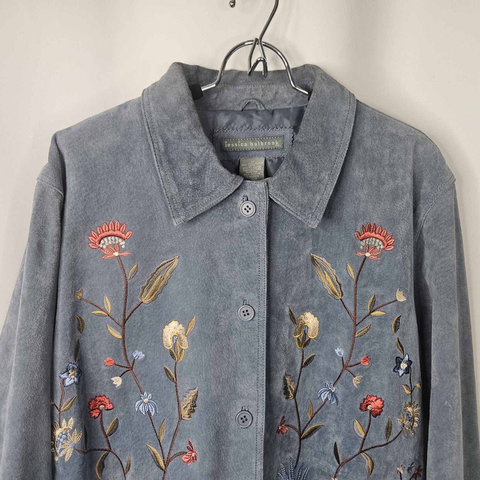 Jessica Holbrook Jacket Womens 1X Blue Suede Leather Floral Embroidered Artsy