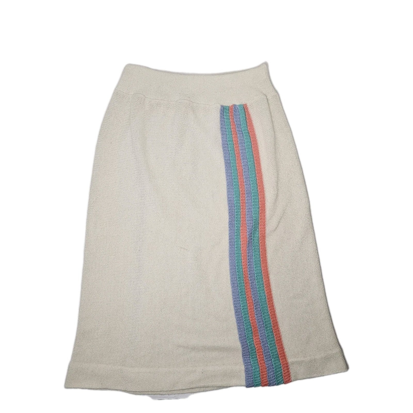 Vintage 80s Sweater Skirt Rainbow Striped Knit Pencil w/ Elastic Small Midi