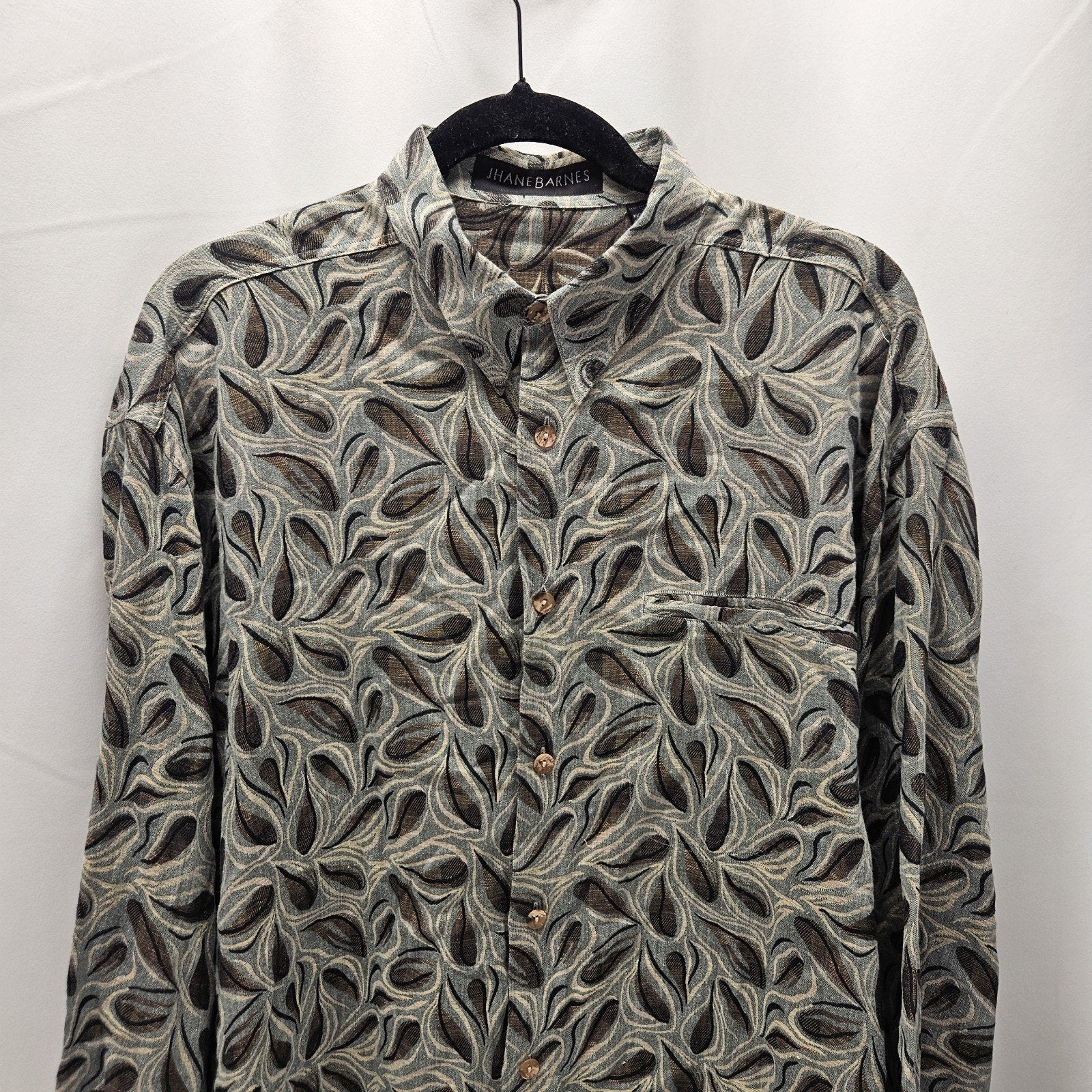 Vtg Jhane Barnes Long Sleeve Blue Green Abstract Woven Button Up Shirt Large