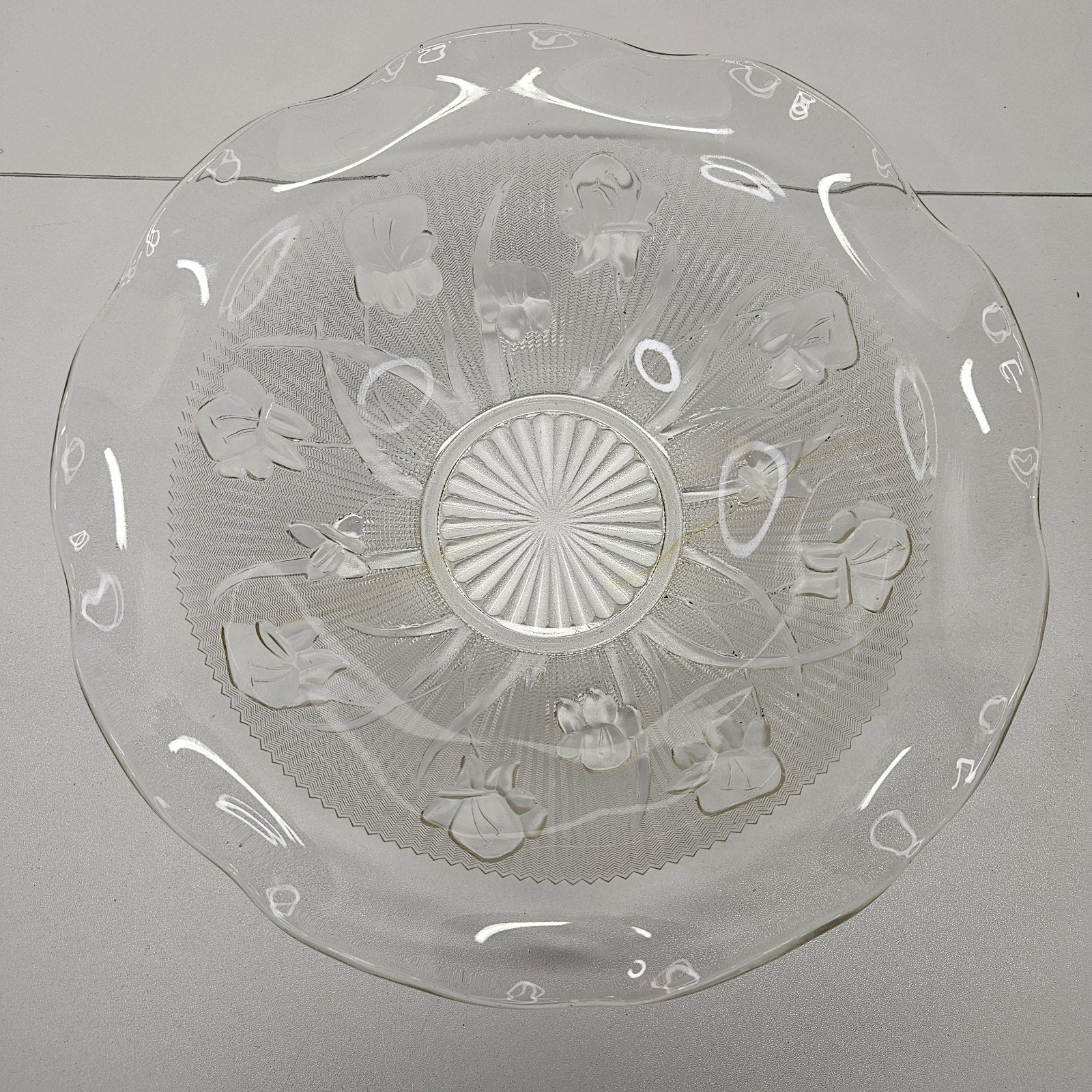 Vintage Iris and Herringbone Jeanette Glass Bowl Fluted Edge Retro Clear Glass