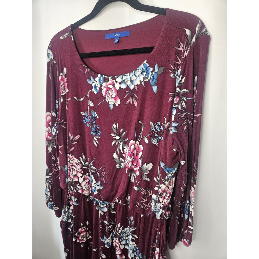 Apt 9 Floral Stretch Knit Boat Neck Fit Flare Dress Burgundy Size XL Pockets