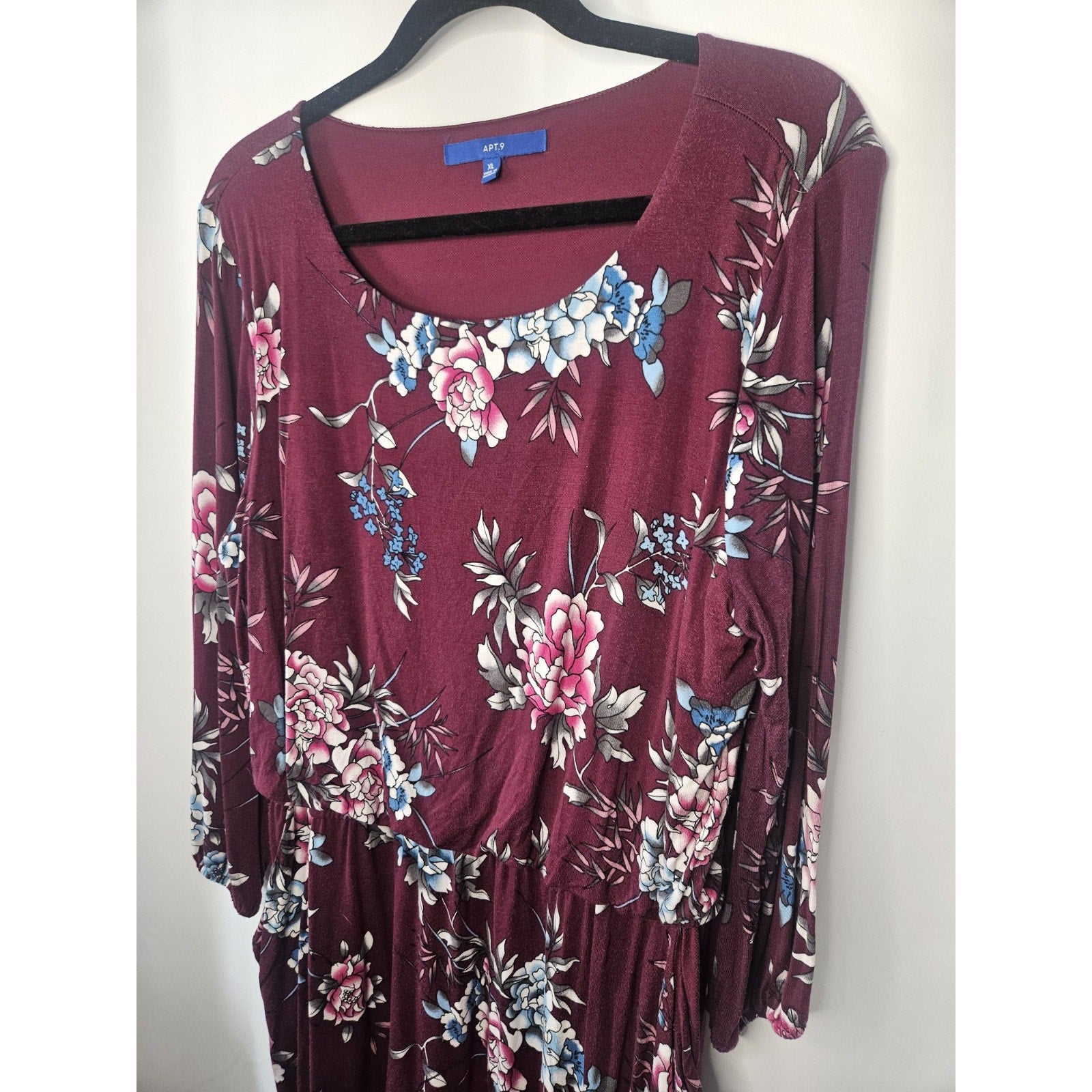 Apt 9 Floral Stretch Knit Boat Neck Fit Flare Dress Burgundy Size XL Pockets