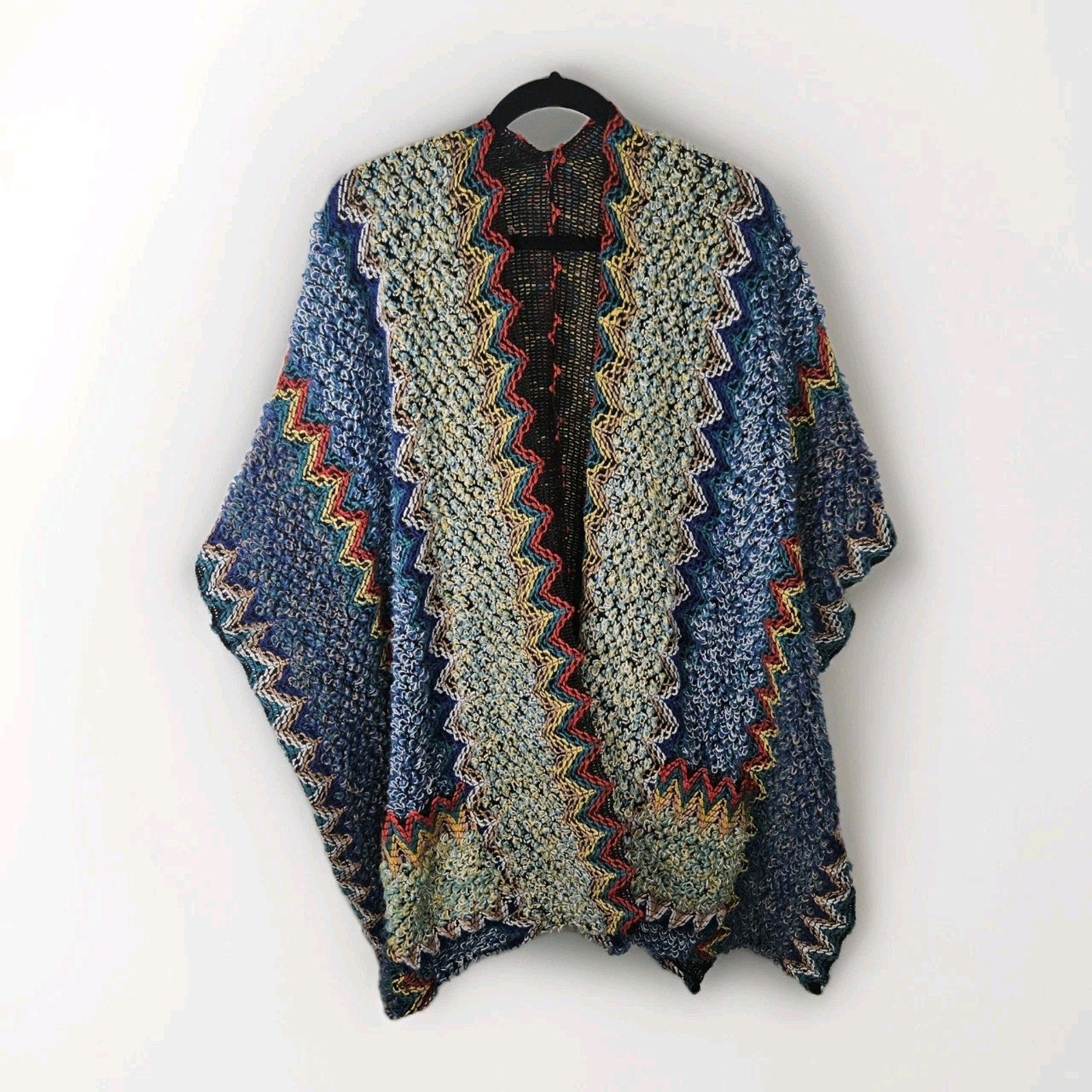 J.C. Sunny Blue Multicolor Crochet Ruana Sweater Cape One Size Open Front Hippie