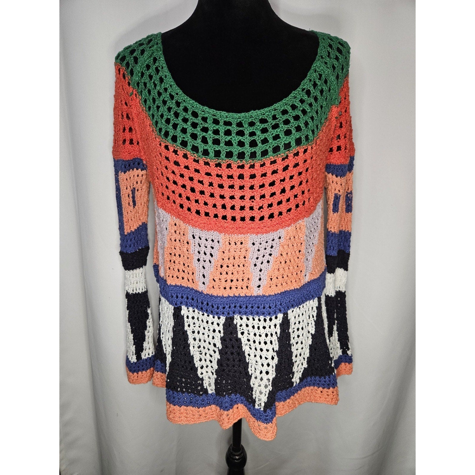 FREE PEOPLE Modern Art Geo Knit Sweater in Multi Combo Open Knit Size Small