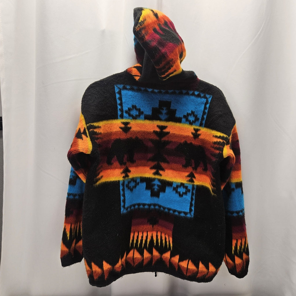 Artesanias 100% Wool Teal Aztec Southwest Full Zip Hooded Sweater Hoodie Small