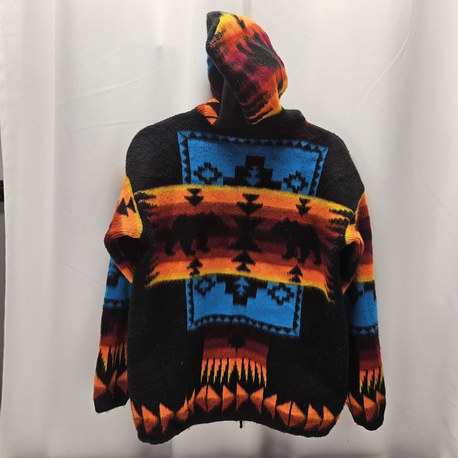 Artesanias 100% Wool Teal Aztec Southwest Full Zip Hooded Sweater Hoodie Small