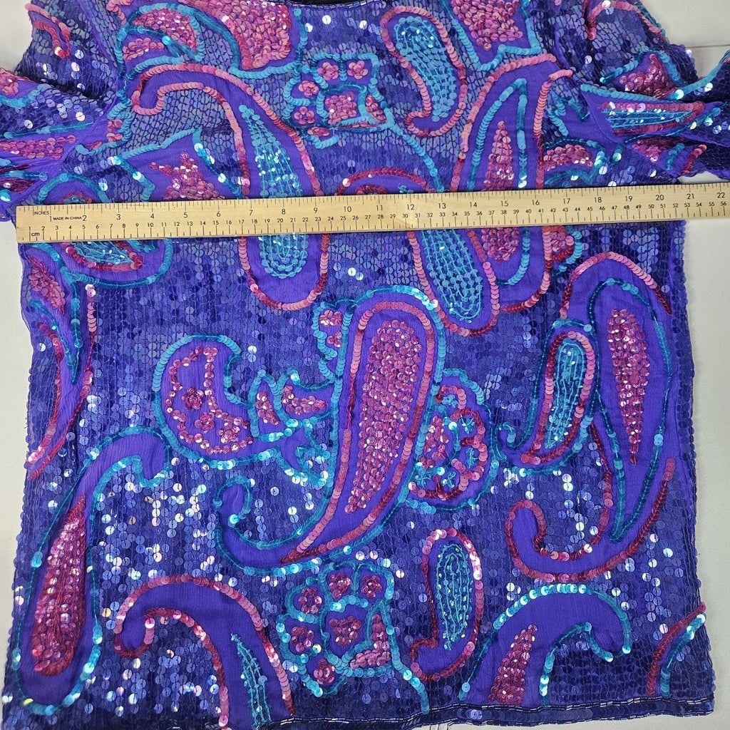 Sequin Beaded Silk Top 90s Blue Long-Sleeve Blouse Gatsby Glam Party Large