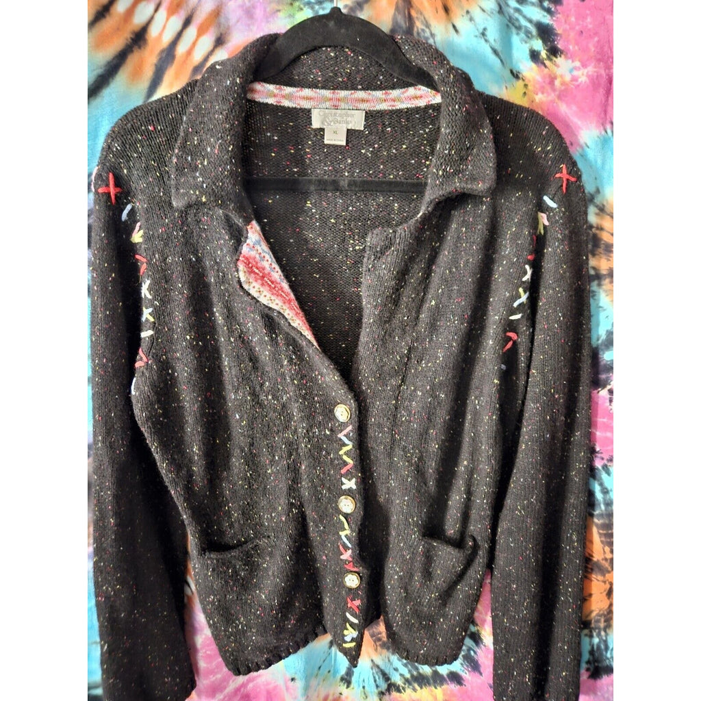 Christopher & Banks Black Confetti Button-Up Knit Sweater XL Stitch Ulgy Sweater