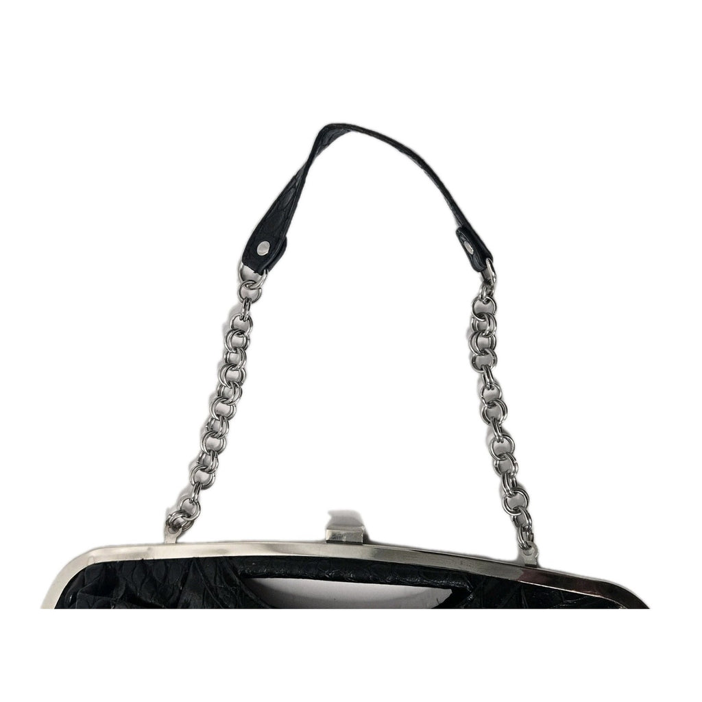 Aphorism Black Clutch Purse Faux Leather Crocodile Design Chain Strap