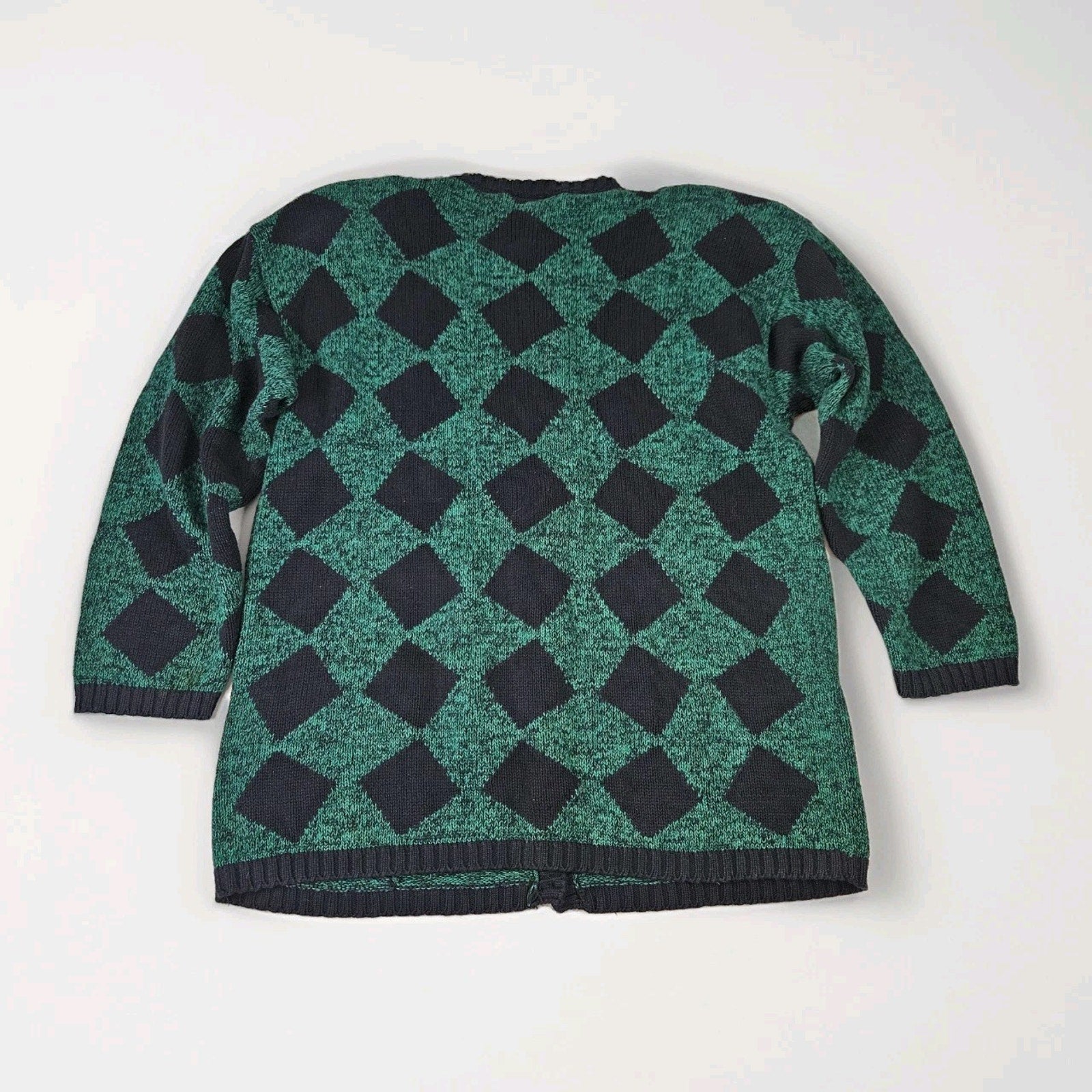 Vtg 90s Knit Cardigan Sweater Womens Small Boho Cottage Green Navy Checkered