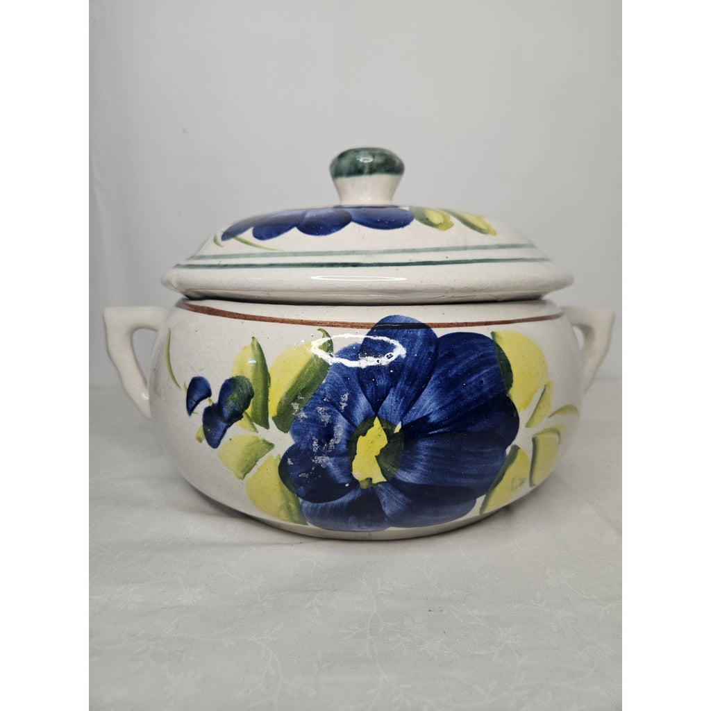 Vtg Mexican Hand Made Painted Decorative Lidded Bean Pot Blue Floral Casserole