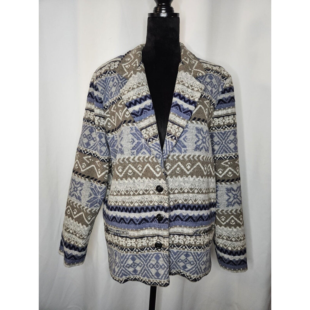 Vtg Van Heusen For Her 90s FAIR ISLE JACKET BLAZER Oversized Ikat Pockets Large