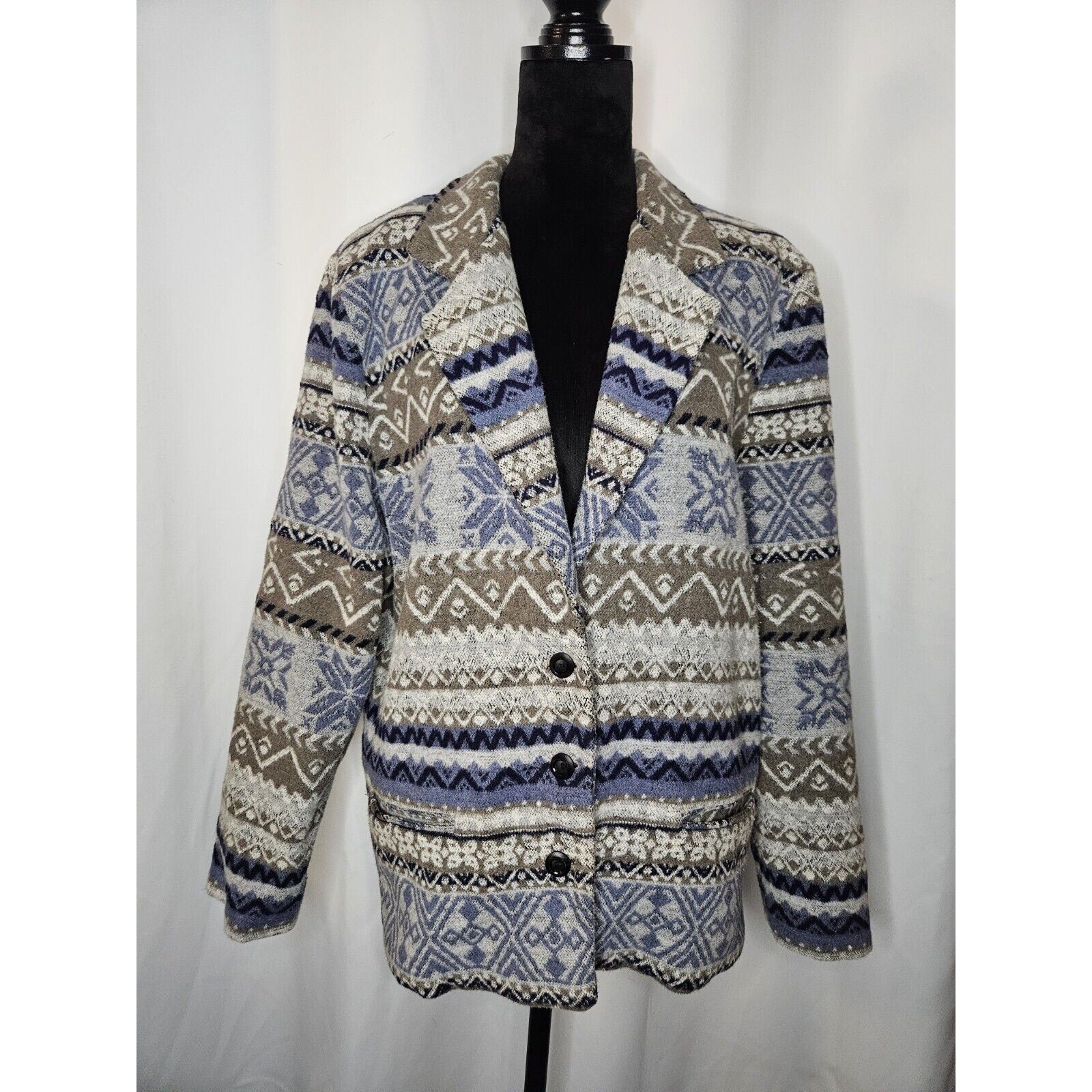 Vtg Van Heusen For Her 90s FAIR ISLE JACKET BLAZER Oversized Ikat Pockets Large