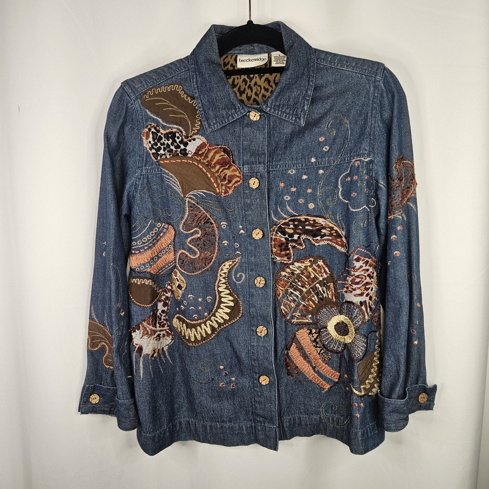 Vintage Boho Patchwork Embroidered Blue Denim Shirt Top Size Small Artsy Cottage