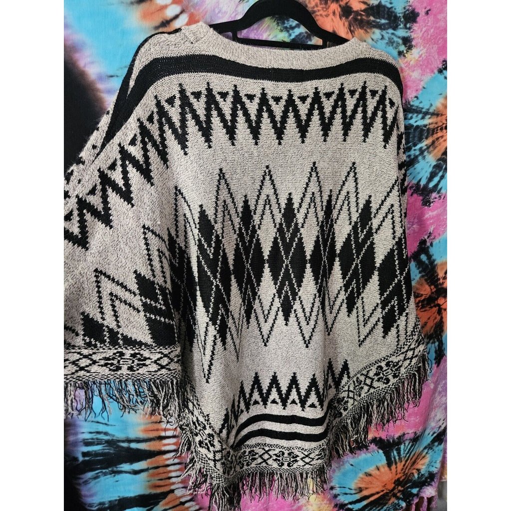 Color Swatch Black & Gray Colorful Fringe Poncho Sweater Women's S/M