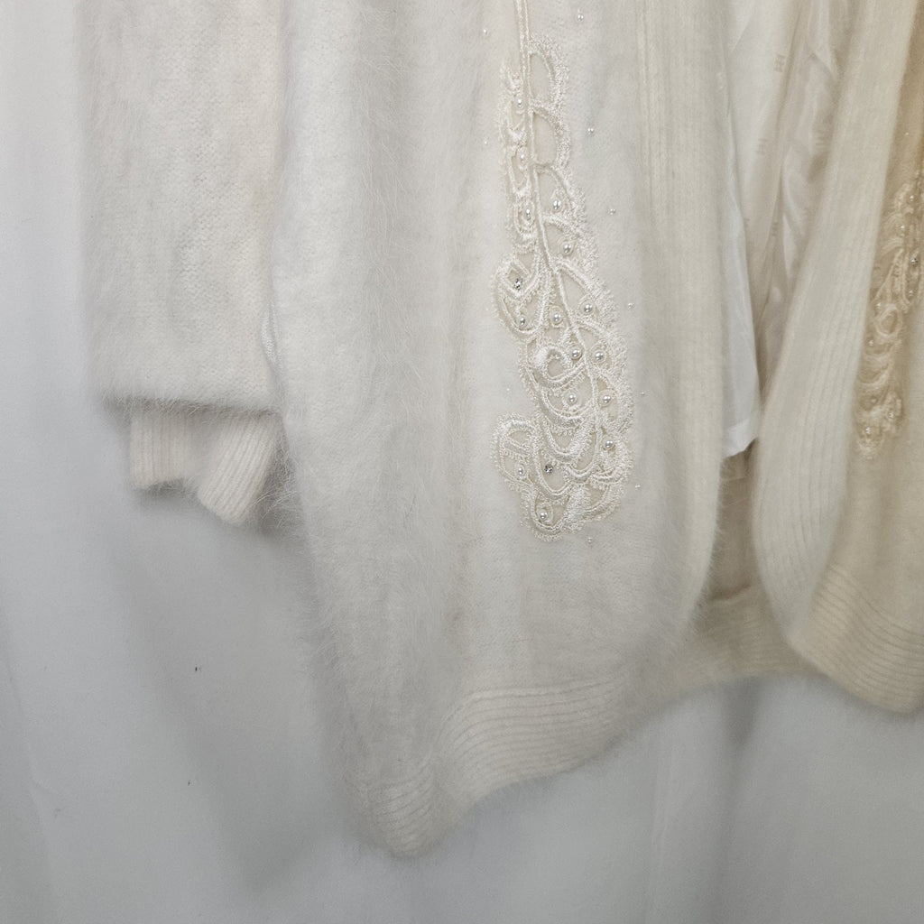 Vintage 80's Angora Rabbit Coat Floral Beaded Cardigan Large Soft Cottage Artsy