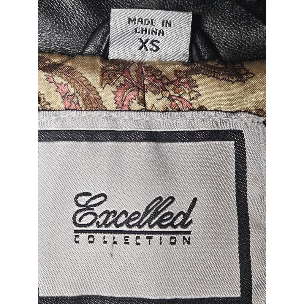 Vintage Excelled Womens Black Leather Jacket XS Midi 3 Button Collared