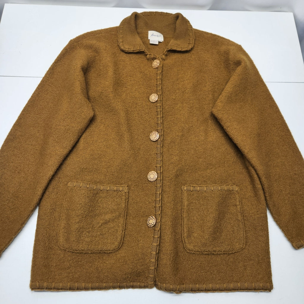 Vtg Ann Wi 100% Wool Button Up Collared Cardigan Midi Sweater Med Boho Cottage
