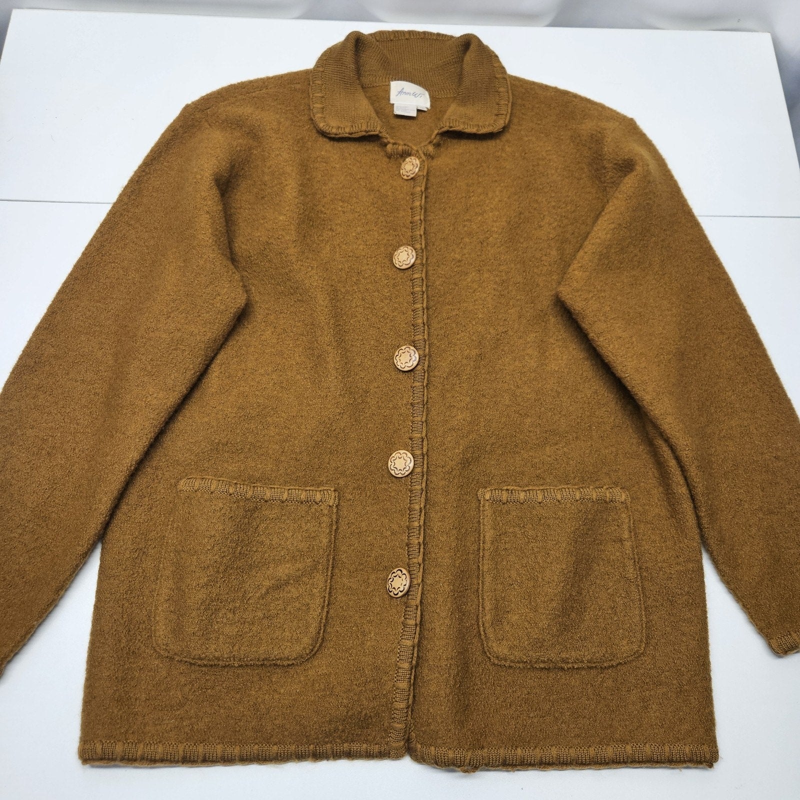 Vtg Ann Wi 100% Wool Button Up Collared Cardigan Midi Sweater Med Boho Cottage