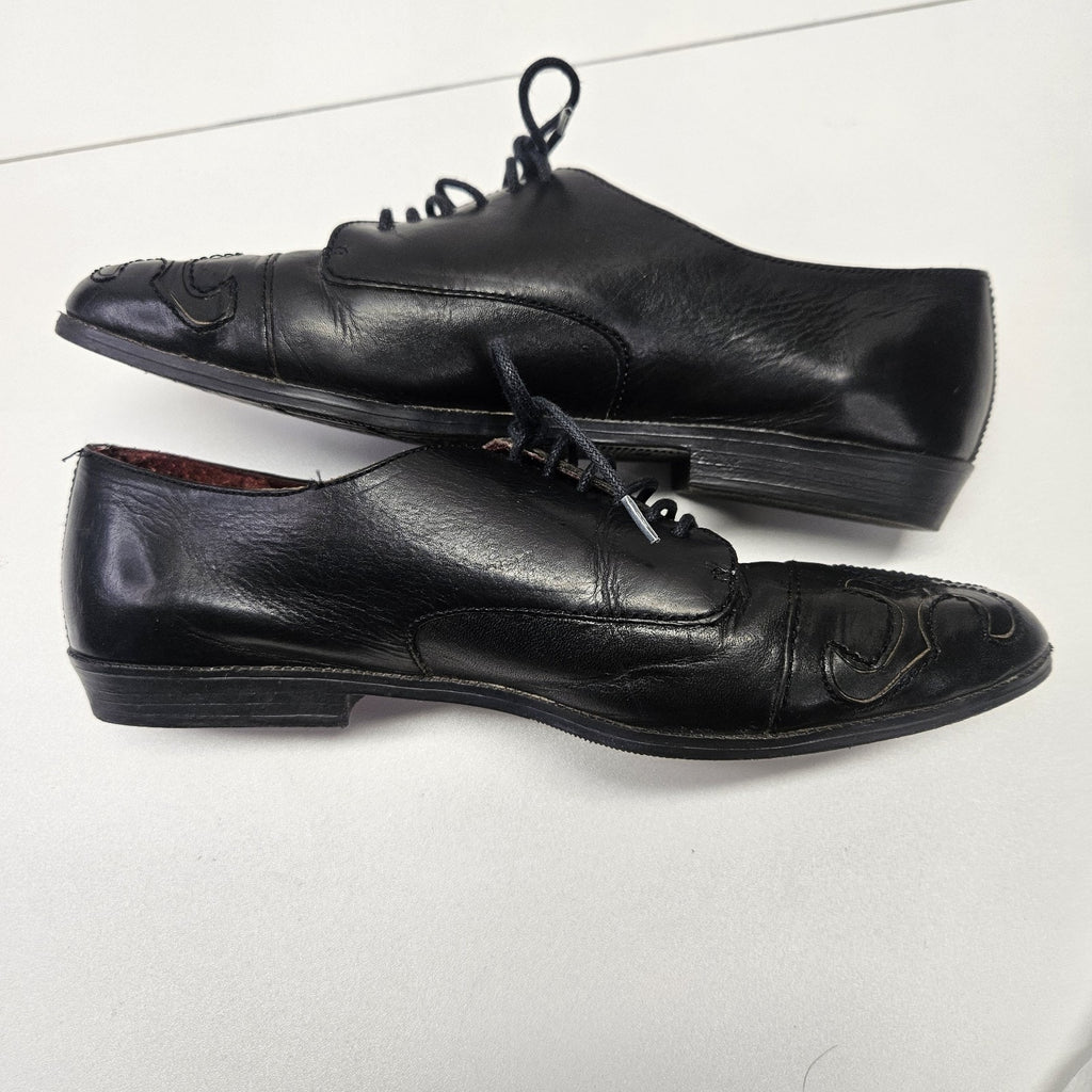 VTG Flamengo Embriodered Black Leather Lace up Oxford Heeled Granny Shoes 7.5 M