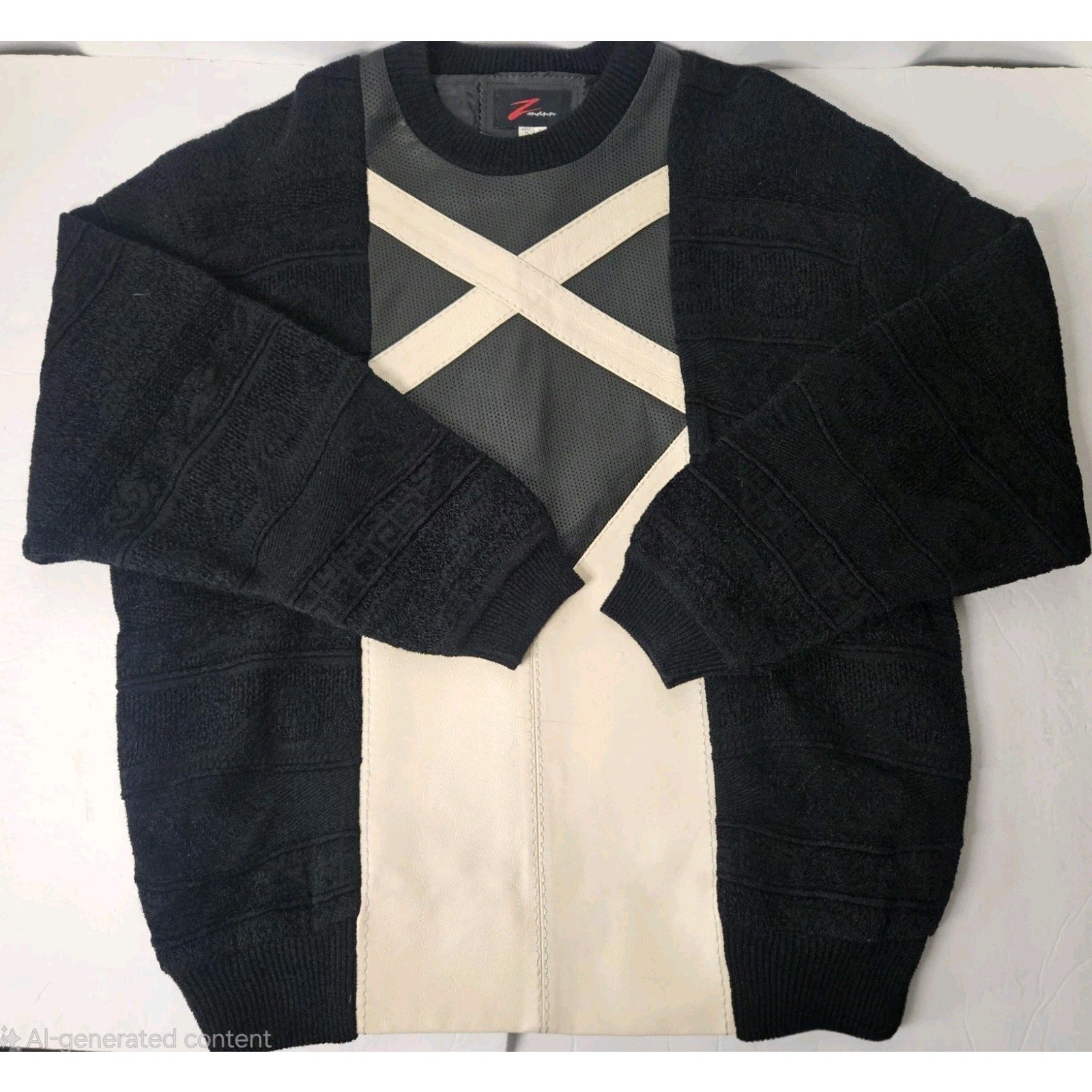 Vintage ZMANN Mens Large Leather Knit Colorblock Knit Sweater 80s Heavy Weight