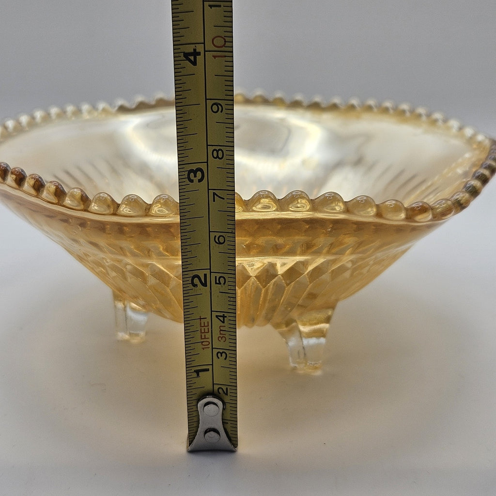 Vtg Carnival Glass Candy Dish Amber Three Footed Beaded Rim Diamond Pointed Ribs