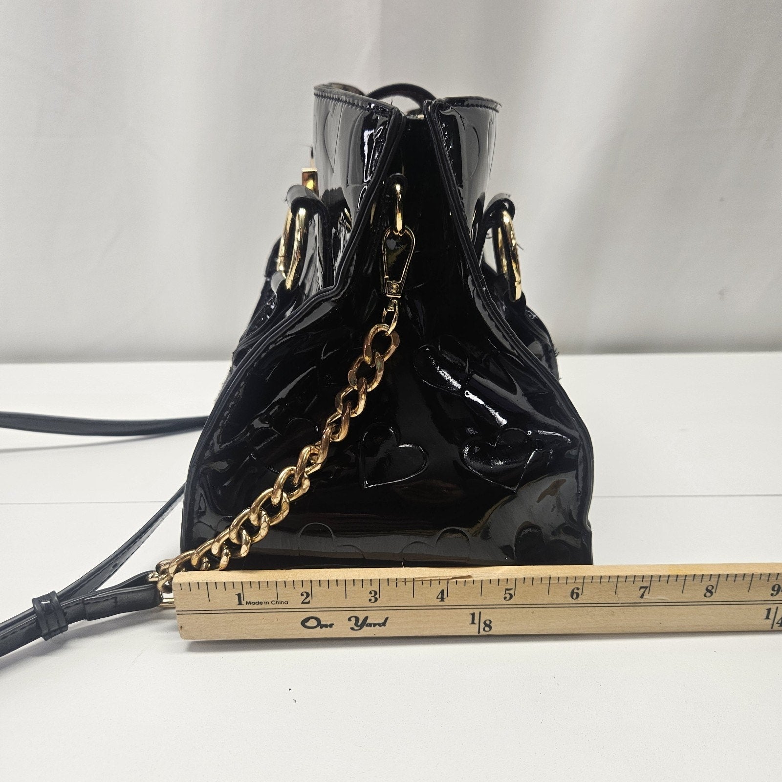 BETSEY Johnson Black Patent Hearts Satchel Tote Logo Glam Crossbody Purse