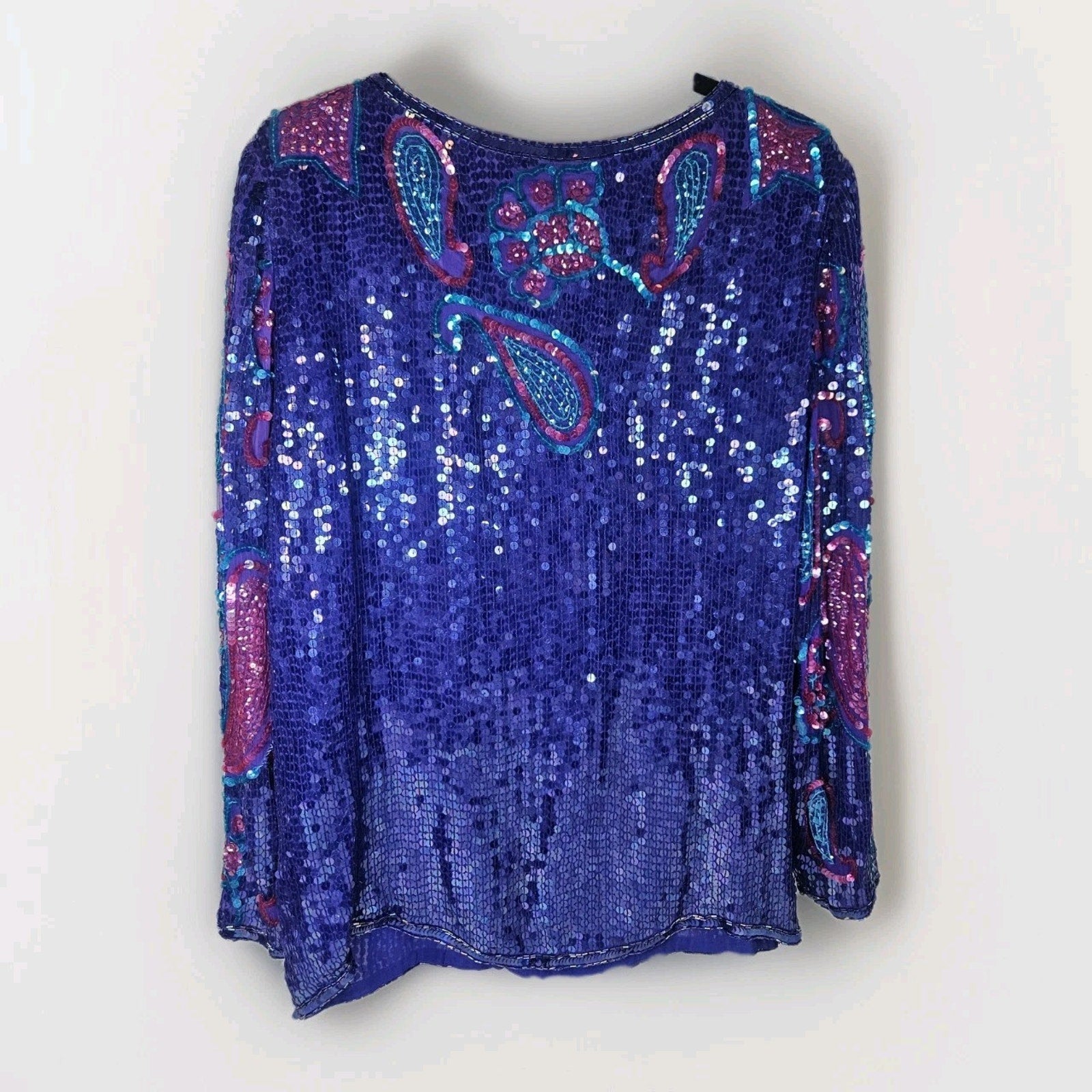 Sequin Beaded Silk Top 90s Blue Long-Sleeve Blouse Gatsby Glam Party Large