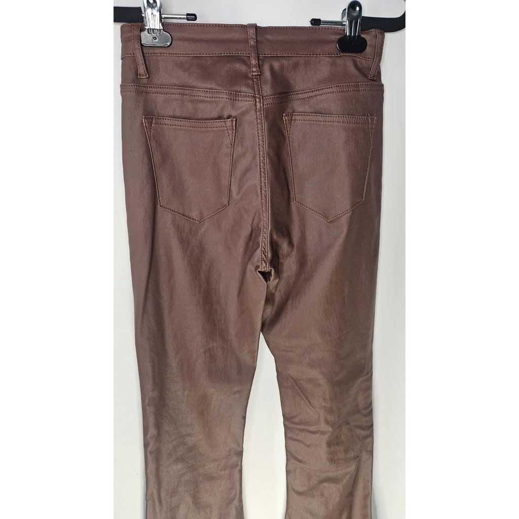 Edikted Women's Brown Shiny Denim Pant Flared Jeans High Rise Small Y2K Stretch
