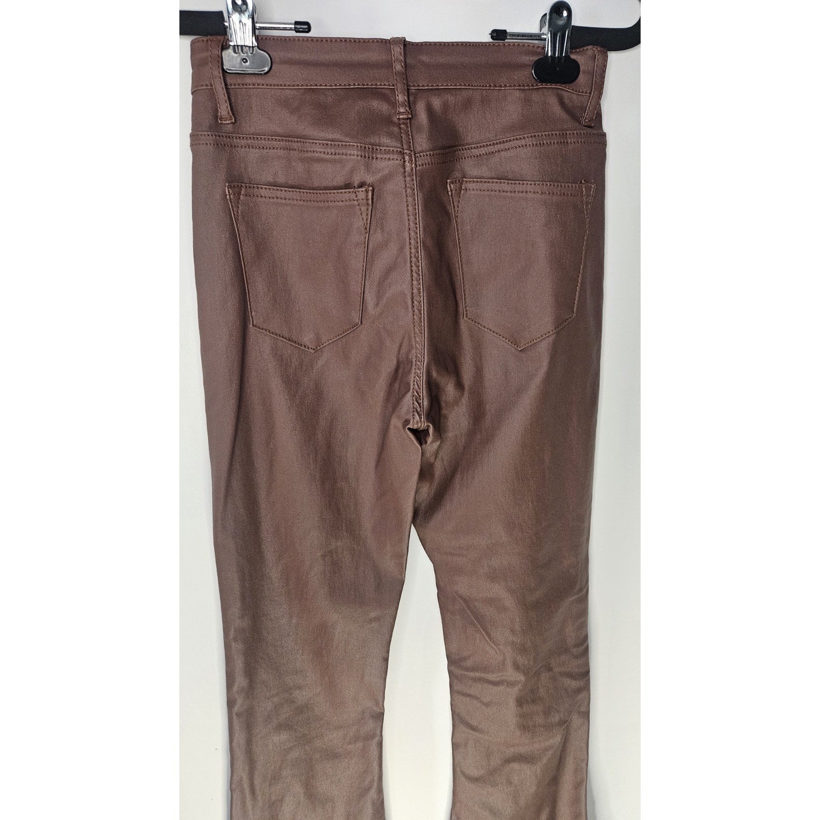 Edikted Women's Brown Shiny Denim Pant Flared Jeans High Rise Small Y2K Stretch