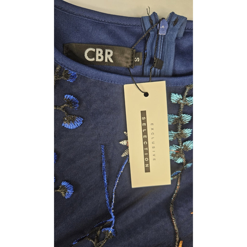 CBR Chic Boutique Rose Blue Solid Under Sheer Embroidered Floral Mini Dress NWT