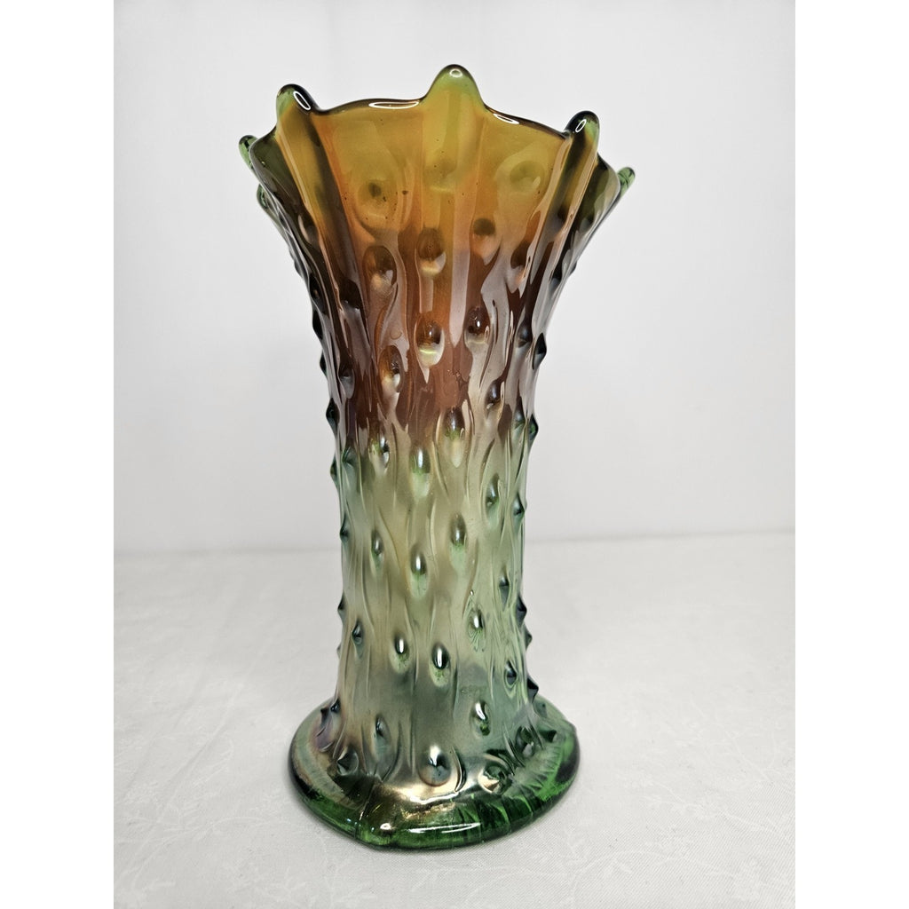 Vintage Northwood Green Carnival Stretch Squat Tree Trunk 7-1/2” Vase