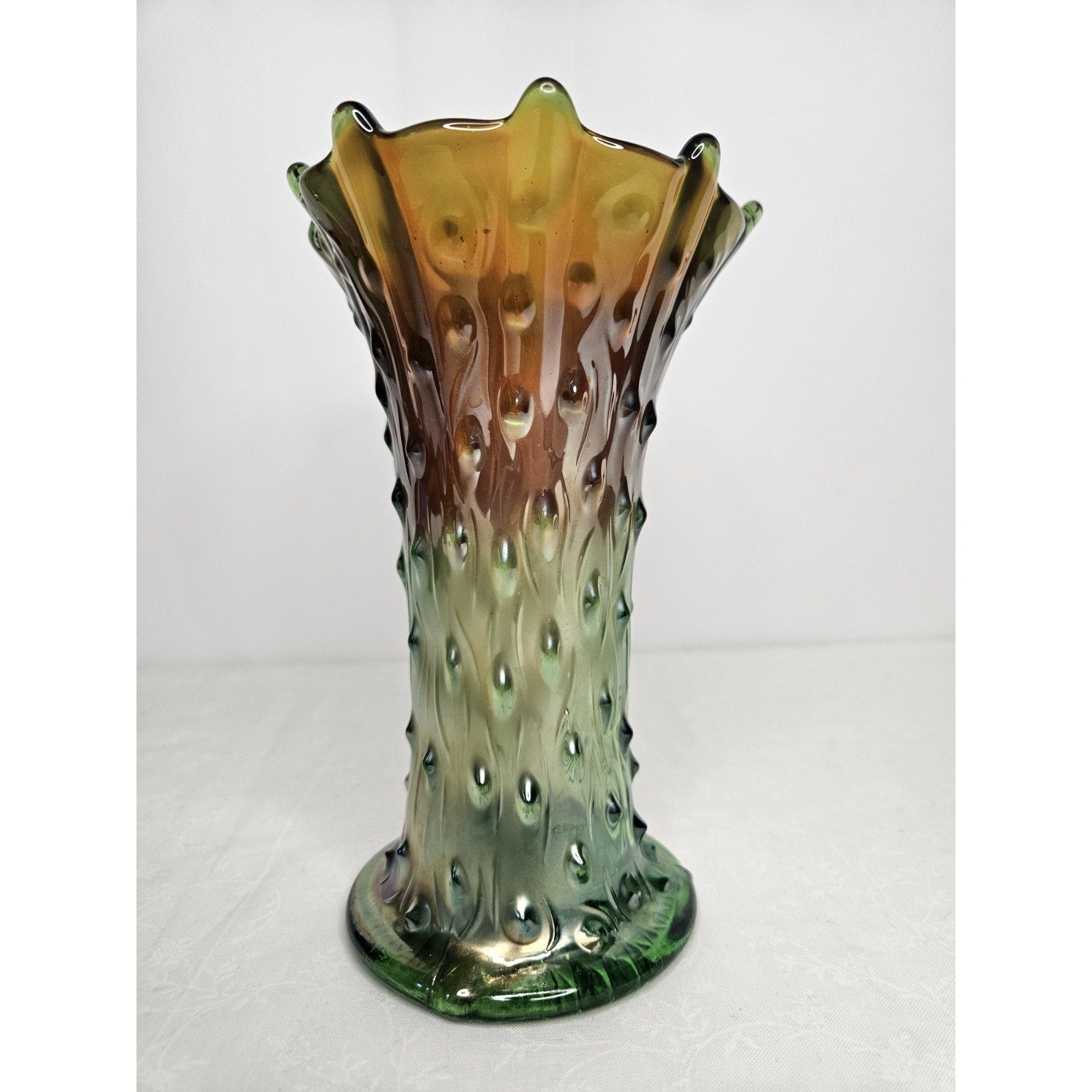 Vintage Northwood Green Carnival Stretch Squat Tree Trunk 7-1/2” Vase