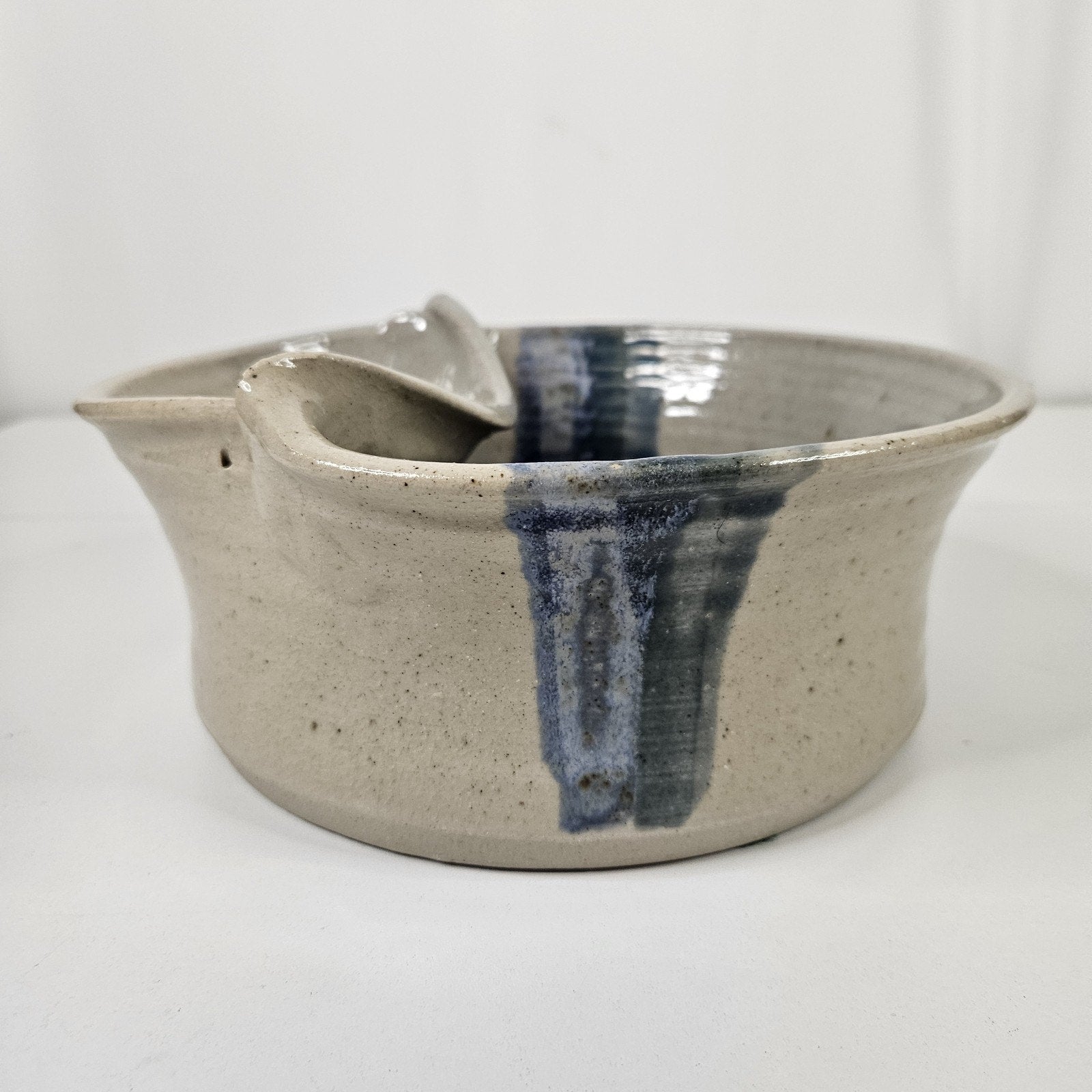 Vtg Handmade Studio Pottery Serving Bowl Rustic Primitive Dip Bowl Blue Brown
