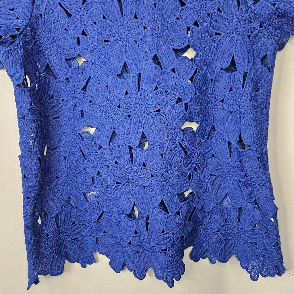 Vintage Cobalt Blue Guipure Cut Out Lace Short Sleeve Top Small Holiday Retro