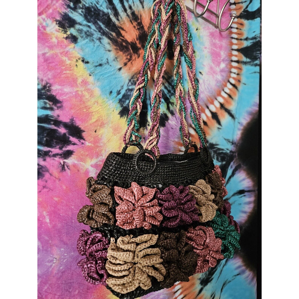 Unique Acrylic Floral Raffia Handbag Black With Colorful Flower Accents