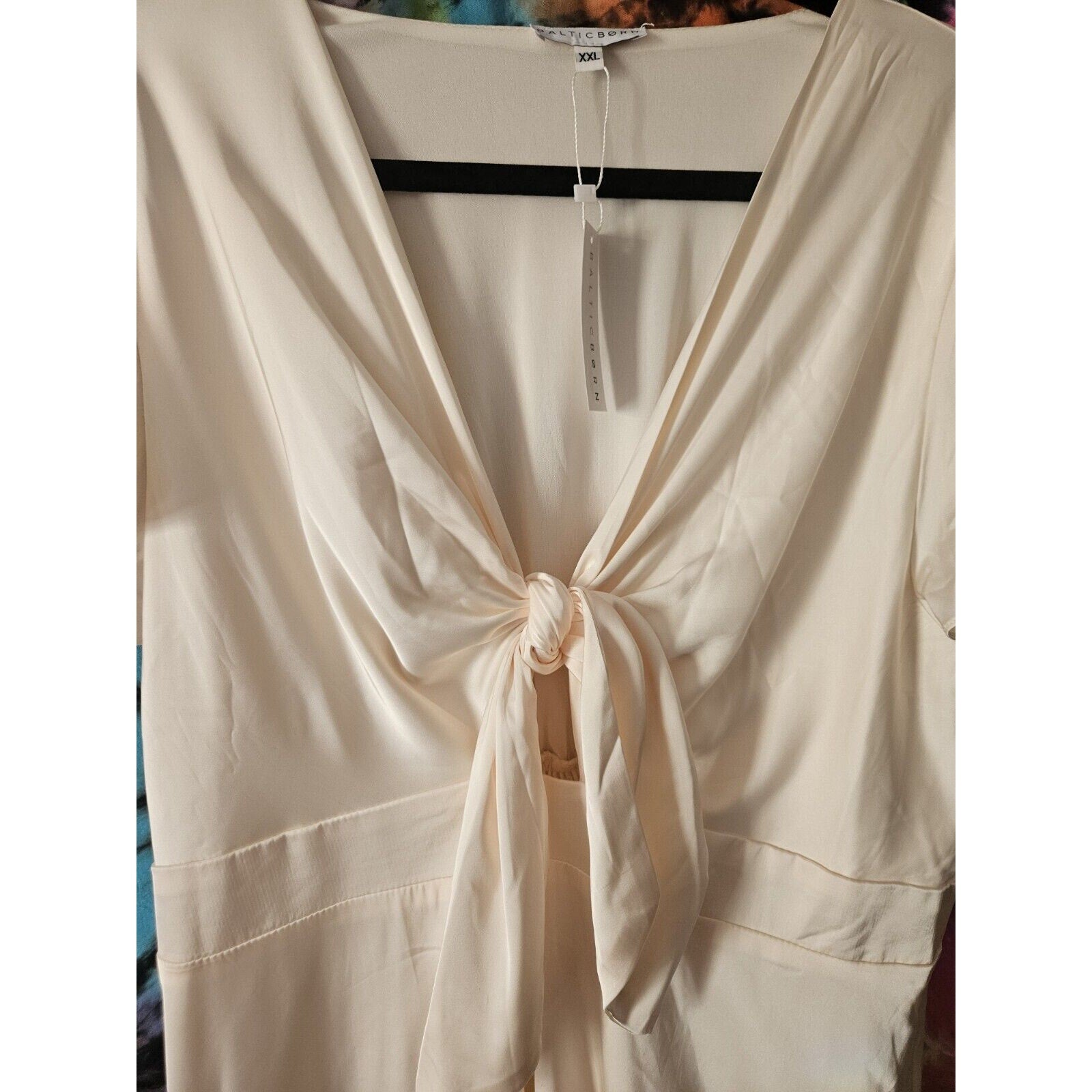 NTW Baltic Born Poppy Satin Midi Dress XXL Knot Front Flutter Sleeve Champagne Tie